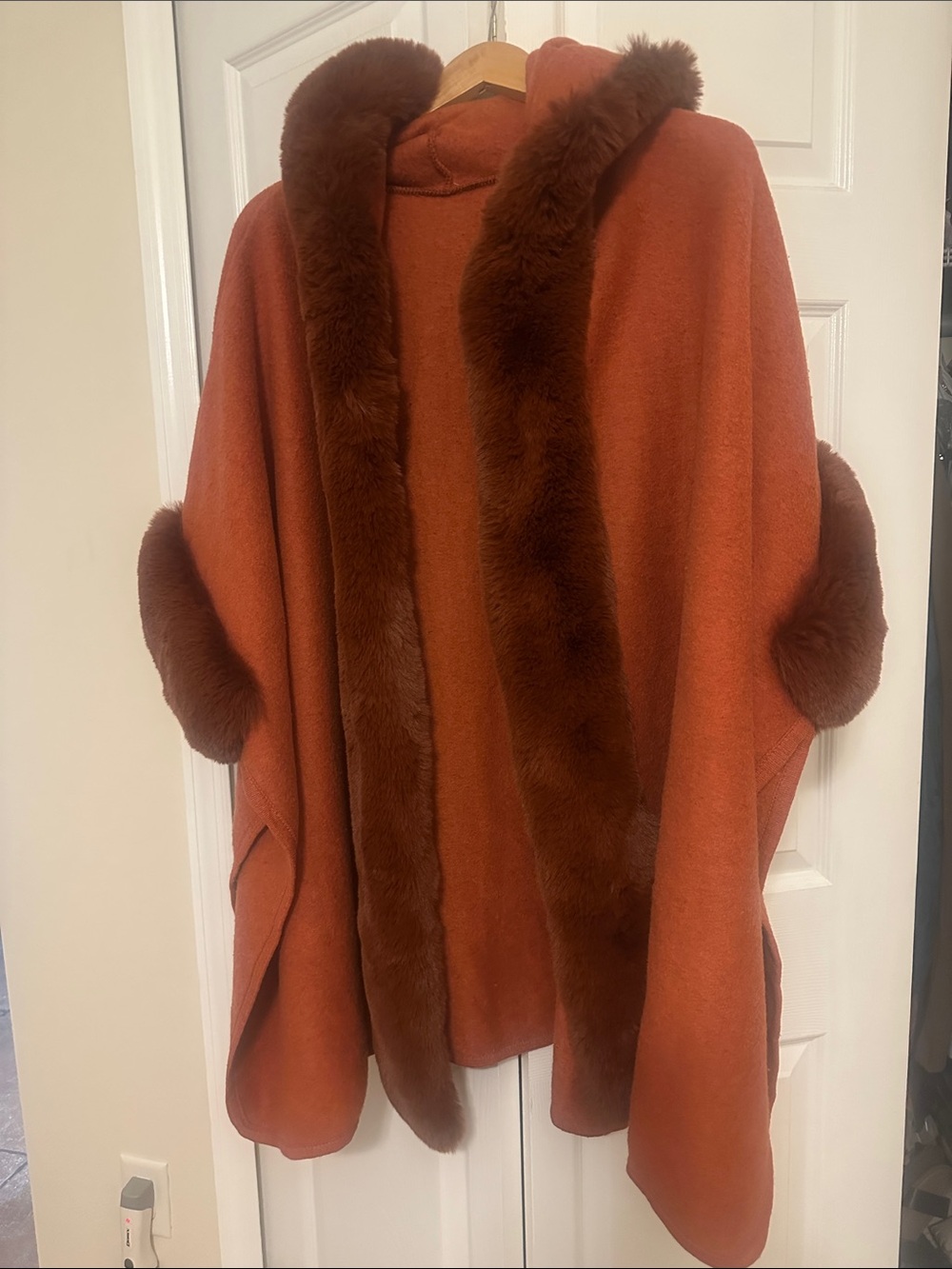 Rust Faux-Fur Trim Hooded Cape Poncho